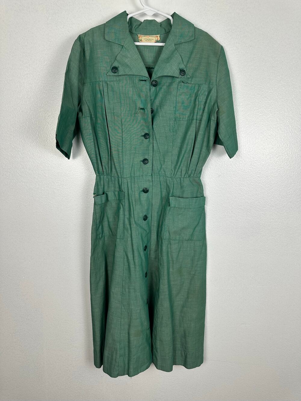 Vtg 50s 60s Official Girl Scout Uniform Dress Green Cotton Chambray Large